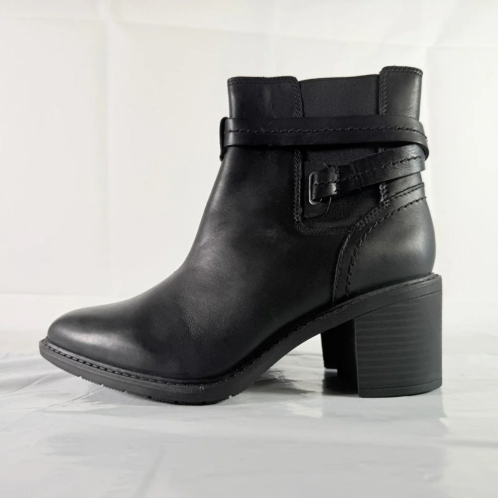 Clarks Scene Star Black Leather Ankle Boots‎ Straps Block Heel Women's Size 9M